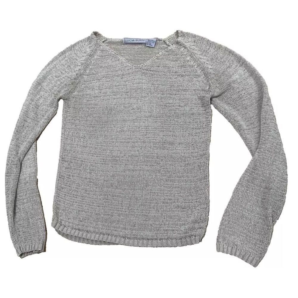 LUCIA BURNS Womens L Vintage 90s Minimalism Sheer Tan Boho Western V Knit Top